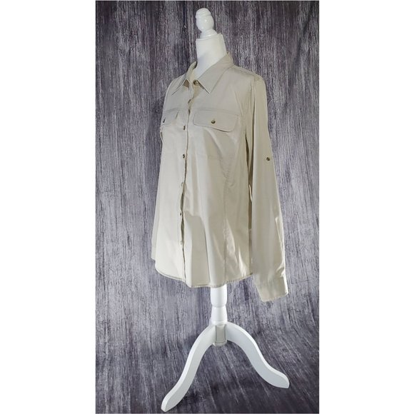 Travelsmith Cotton Button Up Tunic Shirt Roll Tab Sleeve Ivory Hi Low Large L - Picture 2 of 5
